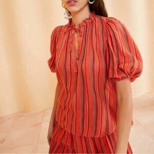 Ulla Johnson Oona striped cotton top in the color Porto ruffle bubble sleeves 4